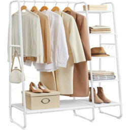 Songmics Vasagle Garment Rail With Shoe Storage, Five Tier Clothing Rack, Side Hooks, Bedroom Organizer, Cloud White And Matte White - thumbnail 6