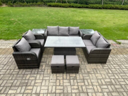 Fimous Pe Rattan Outdoor Garden Furniture Sets Height Adjustable Rising Lifting Dining Table Reclining Chair Sofa Set - thumbnail 1
