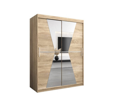 Arte Morocco Contemporary 2 Mirrored Sliding Door Wardrobe 5 Shelves 2 Rails Oak Sonoma Effect (H)2000mm (W)1500mm (D)620mm - image 1