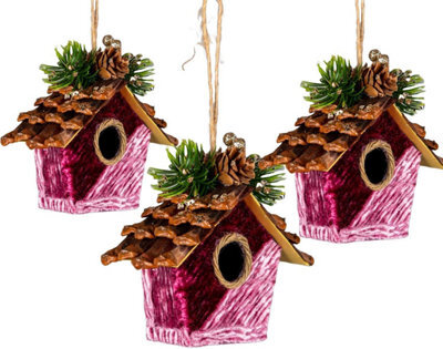 Shatchi Pink Burgundy Birdhouse 10X11Cm - Christmas Tree Hanging Decorations Ornaments Fairy Tale Themed - image 1