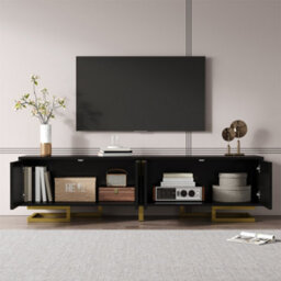 Abrihome Tv Cabinet, Tv Stand With Textured Doors, Tv Furniture, Golden Handles And Golden Legs, Black - thumbnail 3