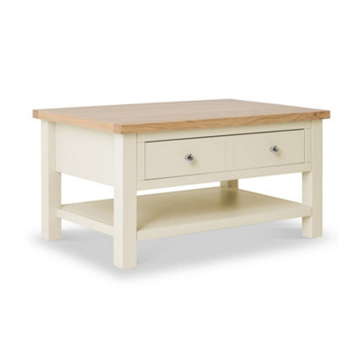 Farro Cream 85Cm Large Coffee Table With Drawer And Shelf - Painted With Oak Top By Roseland Furniture - image 1