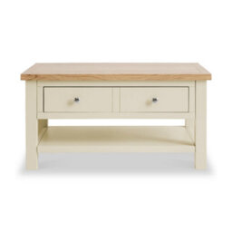 Farro Cream 85Cm Large Coffee Table With Drawer And Shelf - Painted With Oak Top By Roseland Furniture - thumbnail 3