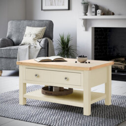 Farro Cream 85Cm Large Coffee Table With Drawer And Shelf - Painted With Oak Top By Roseland Furniture - thumbnail 2