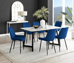 Furniturebox Carson 6 Seater White Marble Effect Rectangular Scratch Resistant Dining Table With 6 Navy Pesaro Velvet Black Leg Chairs