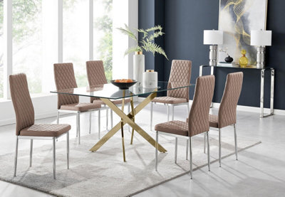 Furniturebox Uk Leonardo 6 Gold Dining Table And 6 Cappuccino Milan Chairs - image 1