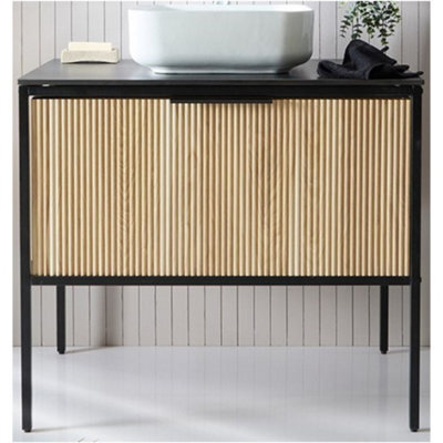 Homestylestore Black And Light Oak 800mm Bathroom Fluted Vanity Unit And 400mm Square Countertop Basin - image 1