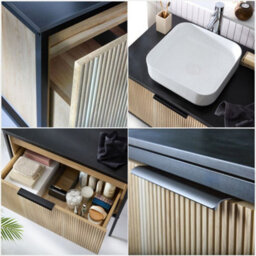 Homestylestore Black And Light Oak 800mm Bathroom Fluted Vanity Unit And 400mm Square Countertop Basin - thumbnail 4