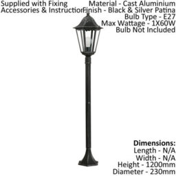 2 Pack Modern Ip44 Outdoor Bollard Lights In Black And Silver - 1200mm 60W E27 Post Lanterns - thumbnail 2