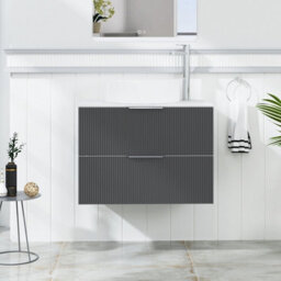 Royal Bathrooms Evora 700mm Graphite Grey Fluted Wall Hung Countertop Vanity Unit 2 Drawer With Art Basin - thumbnail 1