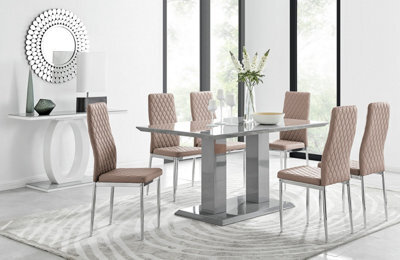 Furniturebox Imperia Grey High Gloss 6 Seater Dining Table With Structural 2 Plinth Column Legs 6 Beige Stitched Faux Leather Milan Chairs - image 1