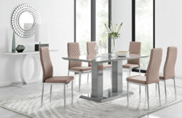 Furniturebox Imperia Grey High Gloss 6 Seater Dining Table With Structural 2 Plinth Column Legs 6 Beige Stitched Faux Leather Milan Chairs - thumbnail 1