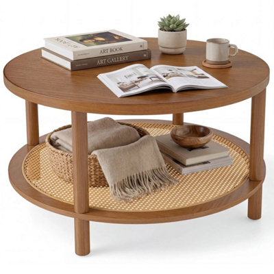 Rattan Coffee Table 2Tier Round Center Table With Wood Veneered Top - image 1