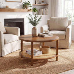 Rattan Coffee Table 2Tier Round Center Table With Wood Veneered Top - thumbnail 3