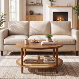 Rattan Coffee Table 2Tier Round Center Table With Wood Veneered Top - thumbnail 5