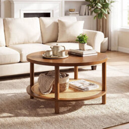 Rattan Coffee Table 2Tier Round Center Table With Wood Veneered Top - thumbnail 4