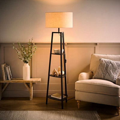 Valuelights Hiru Linen Drum Shade Black 3 Tier Wood Shelf Floor Lamp And Bulb - image 1