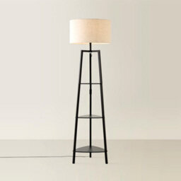Valuelights Hiru Linen Drum Shade Black 3 Tier Wood Shelf Floor Lamp And Bulb - thumbnail 3