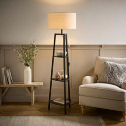Valuelights Hiru Linen Drum Shade Black 3 Tier Wood Shelf Floor Lamp And Bulb - thumbnail 2