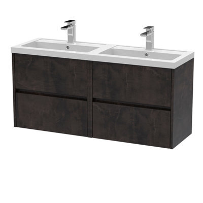Nuie Havana Wall Hung 4 Drawer Vanity Basin Unit & Double Polymarble Basin, Modern Sink Vanity Unit In Metallic Slate With White - image 1
