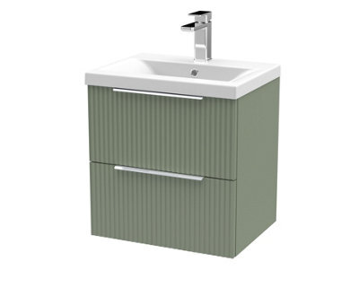 Hudson Reed Fluted Wall Hung 2-Drawer Vanity And Mid-Edge Basin, Contemporary Sink Vanity Unit, Satin Green, 500mm - image 1