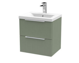 Hudson Reed Fluted Wall Hung 2-Drawer Vanity And Mid-Edge Basin, Contemporary Sink Vanity Unit, Satin Green, 500mm