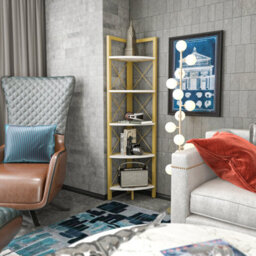 Decorotika Remo Corner Bookcase Shelving Unit White Marble Effect & Gold - thumbnail 3