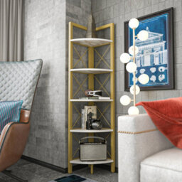 Decorotika Remo Corner Bookcase Shelving Unit White Marble Effect & Gold