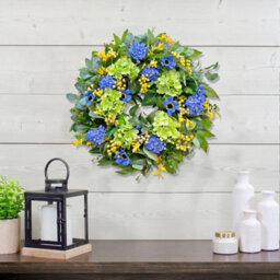 Amorly 24 Inch Spring Summer Front Door Wreath, Lifelike Blue Hydrangea, Gerbera And Daisy, Indoor Outdoor Decor Wreath For Outside Home - thumbnail 7