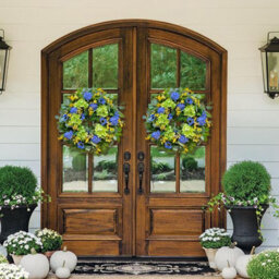 Amorly 24 Inch Spring Summer Front Door Wreath, Lifelike Blue Hydrangea, Gerbera And Daisy, Indoor Outdoor Decor Wreath For Outside Home - thumbnail 8