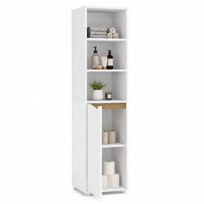 White & Oak 140Cm 5 Tier Tall Bathroom Storage Cabinet Cupboard Slim Freestanding Tower Unit - image 1