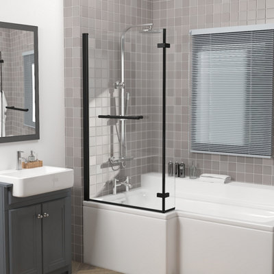 Rinse bathrooms Rinse 810X1400mm Square Bath Shower Screen Bifold 6mm Safety Glass Easy Clean Panel Frameless Pivot Screen Black With Towel Rail - image 1