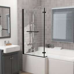 Rinse bathrooms Rinse 810X1400mm Square Bath Shower Screen Bifold 6mm Safety Glass Easy Clean Panel Frameless Pivot Screen Black With Towel Rail