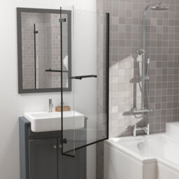 Rinse bathrooms Rinse 810X1400mm Square Bath Shower Screen Bifold 6mm Safety Glass Easy Clean Panel Frameless Pivot Screen Black With Towel Rail - thumbnail 2