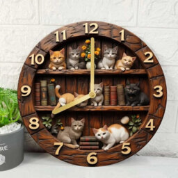 Round 20Cm Wooden Cat Wall Clock Aa Battery Powered Silent Bedroom Decor Clock - thumbnail 3