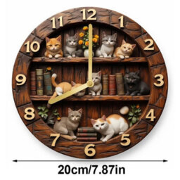 Round 20Cm Wooden Cat Wall Clock Aa Battery Powered Silent Bedroom Decor Clock - thumbnail 2
