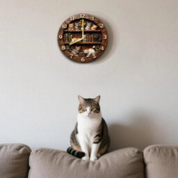 Round 20Cm Wooden Cat Wall Clock Aa Battery Powered Silent Bedroom Decor Clock - thumbnail 4