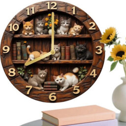 Round 20Cm Wooden Cat Wall Clock Aa Battery Powered Silent Bedroom Decor Clock - thumbnail 6