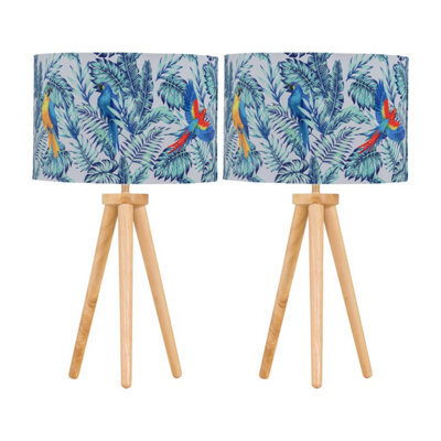 First Choice Lighting Set Of 2 Light Oak Table Lamp Bedside Lights With Parrot Velvet Shades - image 1