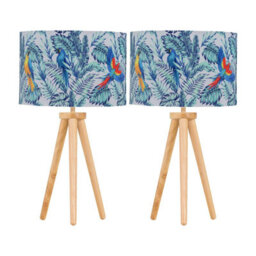 First Choice Lighting Set Of 2 Light Oak Table Lamp Bedside Lights With Parrot Velvet Shades - thumbnail 1