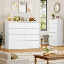 White Chest Of Drawers Bedroom Dresser With 8 Drawers Storage Cabinet 120X39.5X96Cm - thumbnail 5
