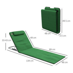 Outsunny 2 Pieces Outdoor Beach Mat Steel Reclining Chair Set W/ Pillow Green - thumbnail 3
