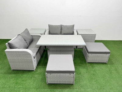 Fimous 6 Seater Outdoor Love Sofa Set Rattan Garden Furniture Set Adjustable Lifting Table 2 Footstool 2 Side Tables Light Grey - image 1
