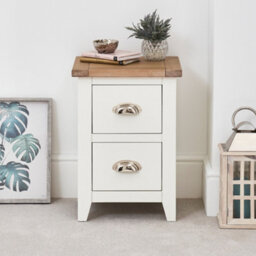 The Furniture Market Cheshire White Painted Slim 2 Drawer Bedside Table Compact White Nightstand With Limed Oak Top Solid Wood Frame Narrow Bedside