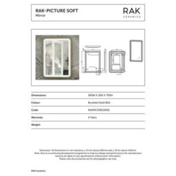 RAK Ceramics Rak Picture Soft Led Illuminated Bathroom Mirror 500X700mm - Brushed Gold, Touch Sensor, Ip44 Rated - thumbnail 2