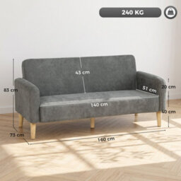 Homcom 2 Seater Sofa, Velvet Small Couch With Plush Backrest, Grey - thumbnail 3