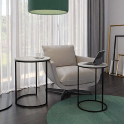 Urbn-Living Urbnliving 60Cm Height White Marble Wood Top With Black Metal Legs Round Nesting Stackable Sofa Side Bedside End Table Set Of 2 - thumbnail 2