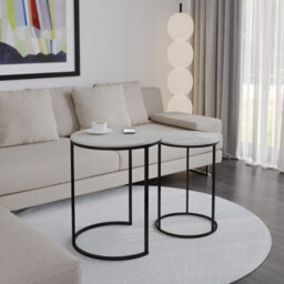Urbn-Living Urbnliving 60Cm Height White Marble Wood Top With Black Metal Legs Round Nesting Stackable Sofa Side Bedside End Table Set Of 2