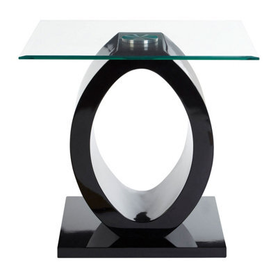 Orsina Modern O Shaped Wooden Side Table, Glass Top Wood Side Table, Black Bedside Table, Tempered Glass Side Table - image 1