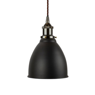 Matt Black Classic Small Pantry Metal Painted Dome Pendant Light With Black Nickel Lamp Holder And Brown Twisted Cable - Se Home